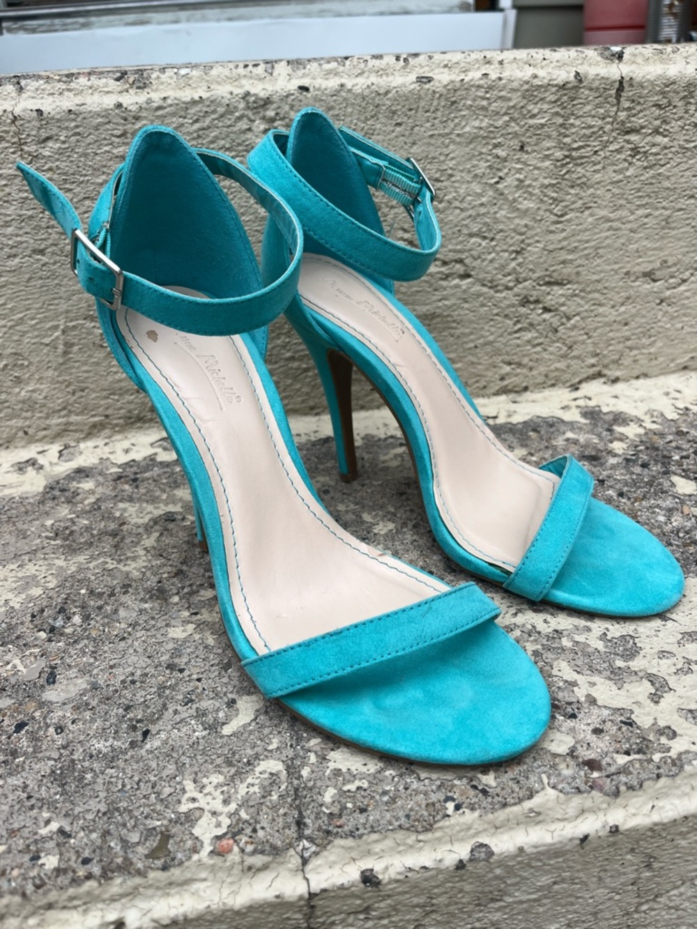 EUC Anne Michelle Turquoise Faux Suede Ankle-Strap Stiletto Heels